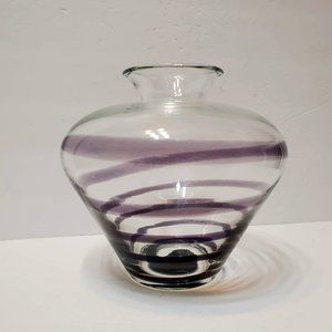Vintage Clear Art Glass Vase with Purple Swirls, Amethyst Spiral Fishbowl Vase